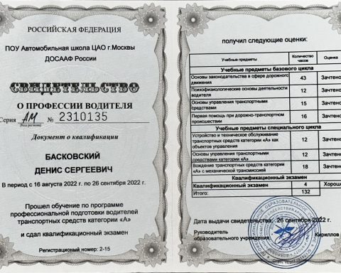 Свидетельство водителя категории А